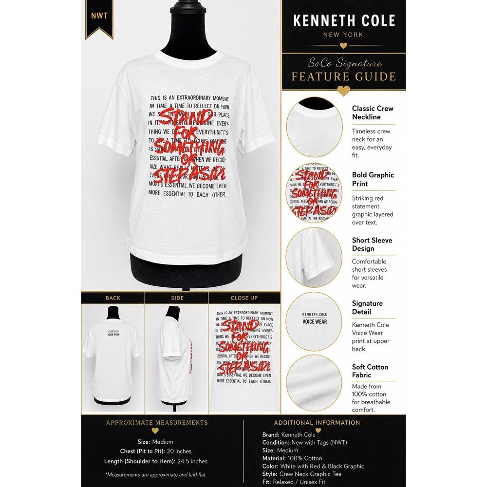 Kenneth Cole VoiceWear White Stand For Something Graphic Tee Medium NWT Cotton - Picture 6 of 7